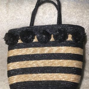 MUD PIE STRAW OVERSIZED BAG PURSE TOTE black & natural polka dots fiber